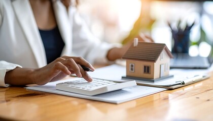Woman calculating real estate cost at desk.