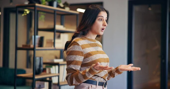 Business woman, meeting and presentation with delegation for creative project or tasks at office. Female person, speaker or discussion with group or team for company ideas or planning at workplace