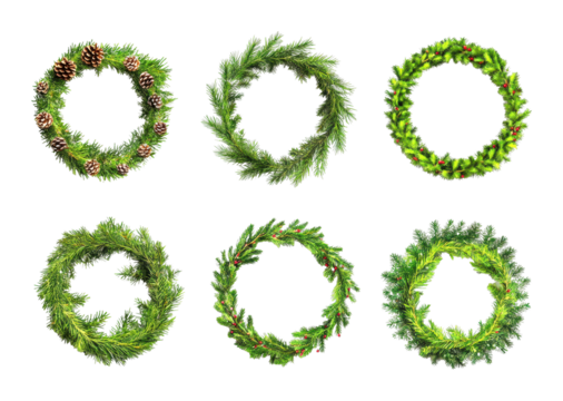 Festive greenery wreaths display studio decorative art bright holiday theme isolated on transparent background