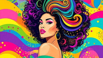 Woman portrait with colorful afro with art.