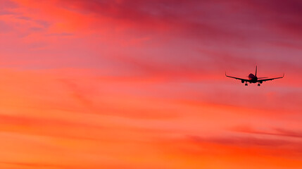 Obraz premium Passenger airplane against sunset sky, journey into vibrant horizons
