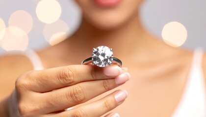 Woman showing diamond ring closeup.