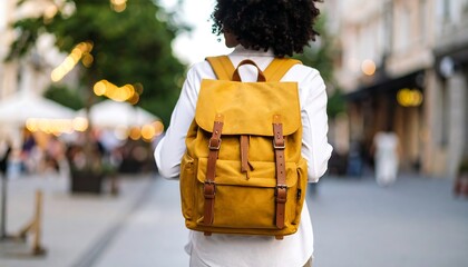 Woman with backpack walking down city street.