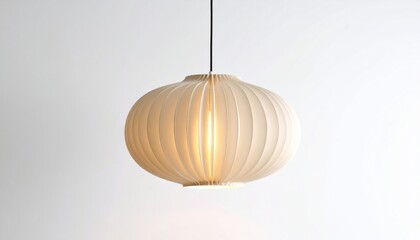 Elegant ribbed pendant light fixture glowing warmly in a minimalist interior