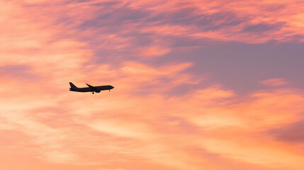 Fototapeta premium Passenger airplane against sunset sky, journey into vibrant horizons