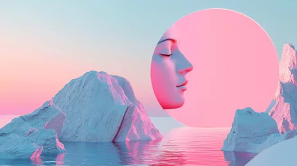 Fototapete 3D landscape with glowing pink circle cyborg woman face show, calm water, icy rocks, and serene face silhouette under a dreamy pastel sky in a futuristic digital art scene © Snow