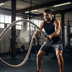 A determined adult male, mid-exercise, swings heavy battle ropes in a gym, with visible effort and intensity during his workout