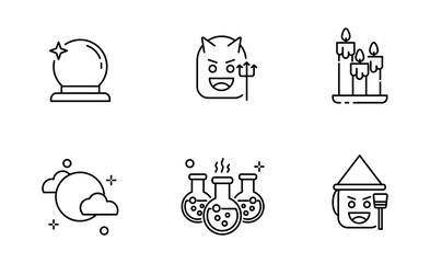 Set of Happy Halloween icon, Witch, Crystal Ball, Devil, Candle Symbol Outline icon, Editable Stroke