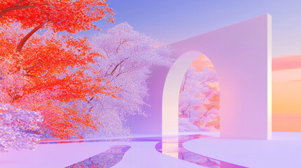 3D Surreal Landscape with Glowing Pink and Purple Trees, Reflective Geometric Structures and a Glowing Ring in a Dreamlike, Cyberpunk Abstract Scene