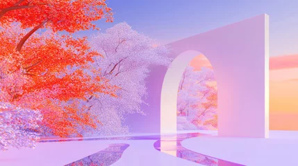 Gordijnen 3D Surreal Landscape with Glowing Pink and Purple Trees, Reflective Geometric Structures and a Glowing Ring in a Dreamlike, Cyberpunk Abstract Scene © Snow