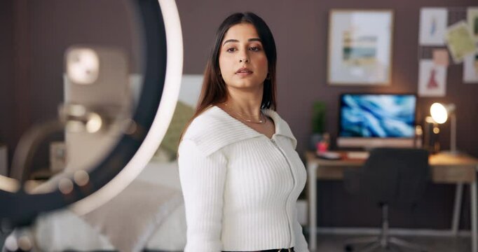 Fashion, woman and video with ring light in home for getting ready, evening outfit and styling. Content creation, influencer and phone recording for social media, vlogging and live streaming at night