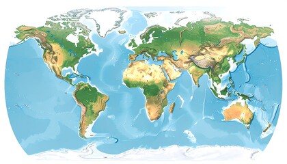World map with relief, oceans, continents, and geography.