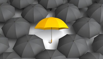 Yellow umbrella standing out from gray ones.