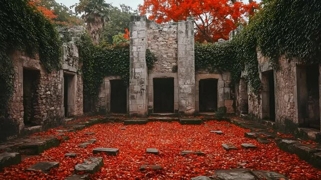 Overgrown ruins of a courtyard covered in red leaves, creating a mysterious and enchanting scene.