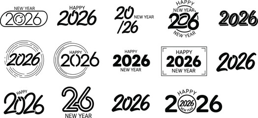 Big Set of 2026 Happy New Year logo text design. 2026 number design template. Collection of 2026 Happy New Year symbols. Vector illustration with black labels isolated on white background.