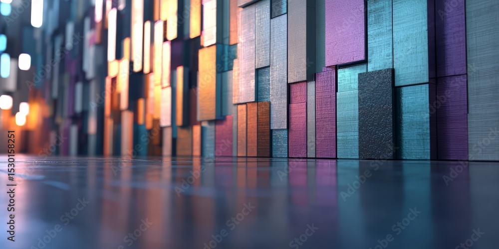 Poster Wall of colorful blocks with a blue and purple section. The blocks are arranged in a way that creates a sense of depth and movement. The colors of the blocks are vibrant and eye-catching