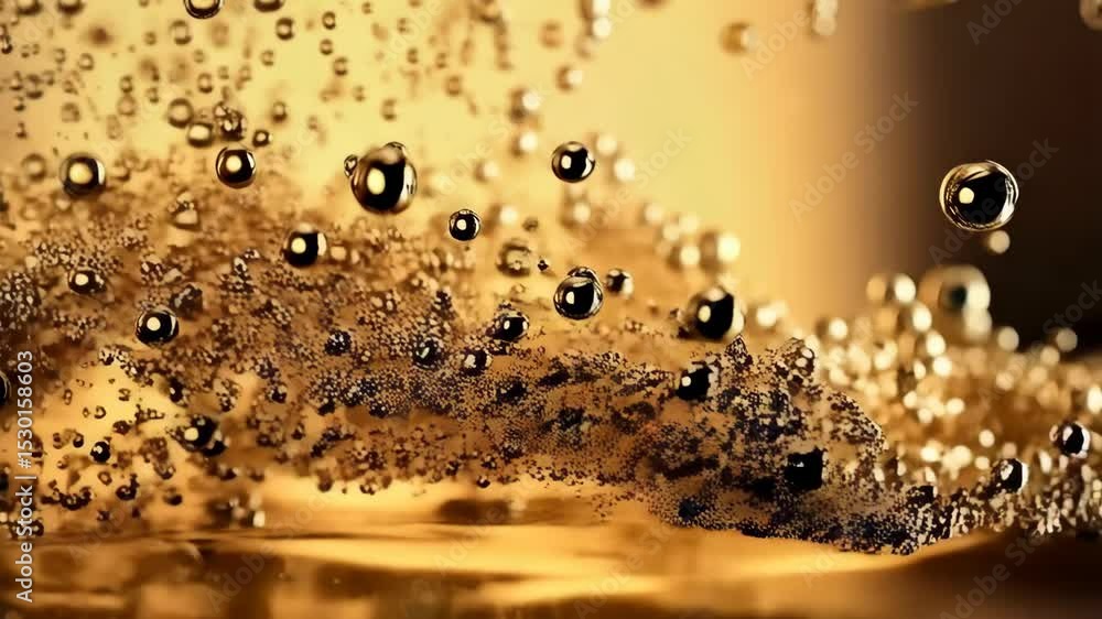 Poster effervescent golden liquid with many small bubbles suspended, creating a sense of depth and texture,
