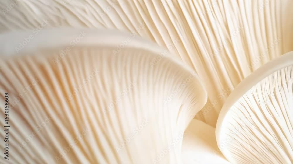 Aufkleber detailed close up of oyster mushrooms displaying gills and textured surfaces with soft, warm lightin