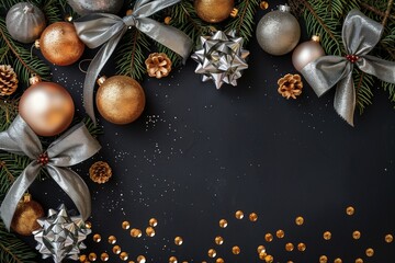 Elegant Christmas Ornaments with Silver Bows and Pine Cones on Dark Background