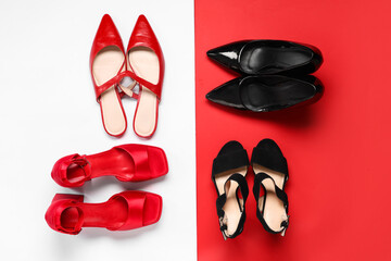 High-heeled female shoes on colorful background. Top view