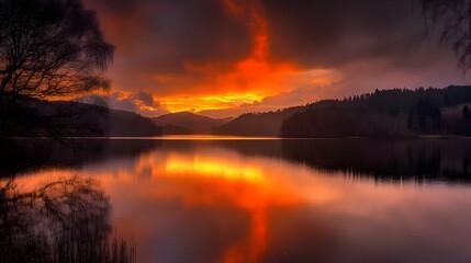 Fototapeta premium Fiery sunset over a calm lake, reflecting fiery colors.