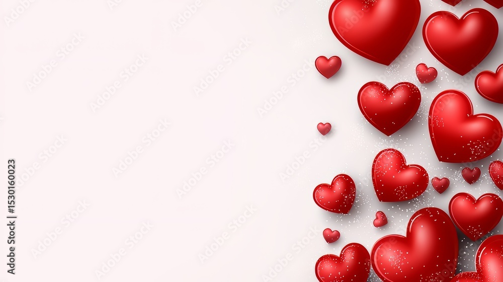 Poster White background with a bunch of red hearts scattered around it. The hearts are of different sizes and are placed in various positions. Concept of love and affection