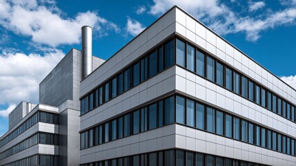 Modern industrial building with sleek glass windows and clean lines under a blue sky