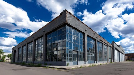 Fototapeta premium Modern industrial building with large glass windows under a bright blue sky