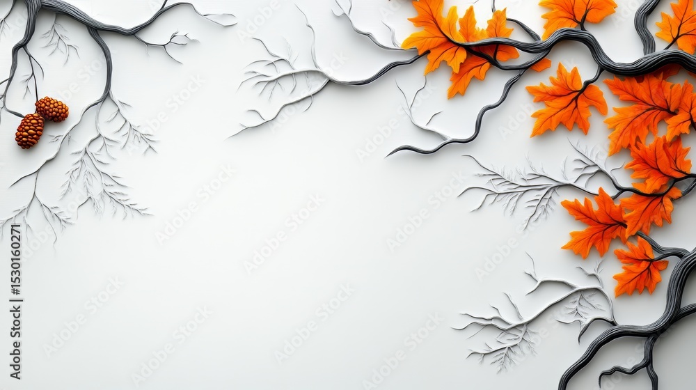 Poster White background with a tree branch and leaves on it. The leaves are orange and the branch is thin