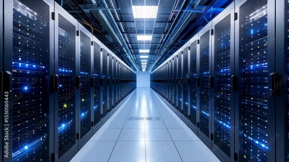 Poster servers in a data center, showcasing rows of computer racks with blue lights and reflecting floor, r