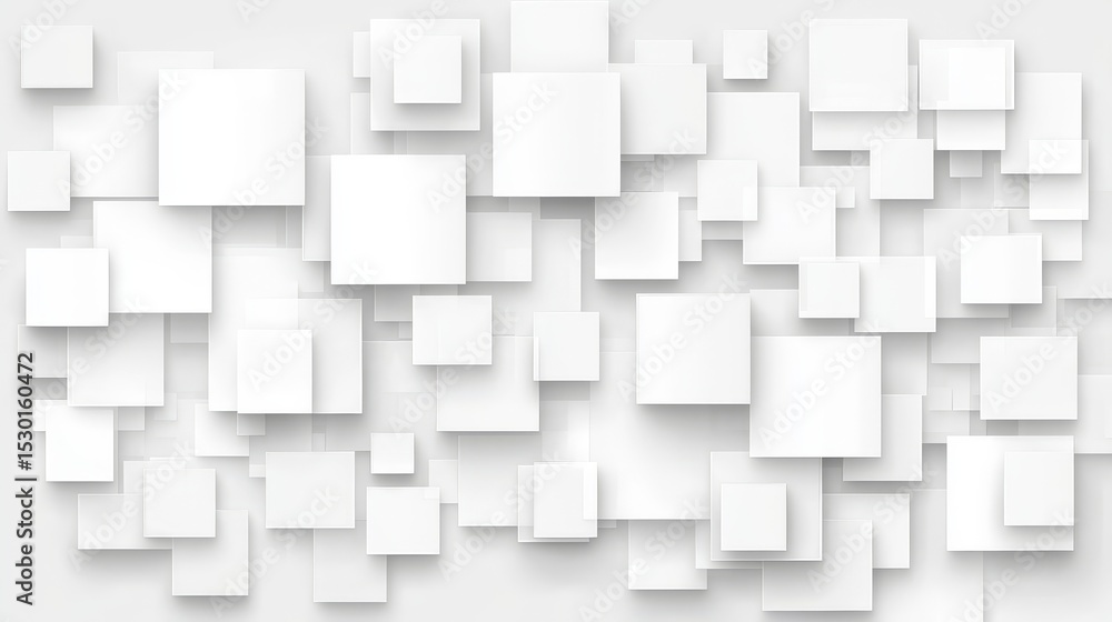 Poster White background with many squares of different sizes. The squares are all white and are arranged in a way that creates a sense of depth and texture. The image has a minimalist