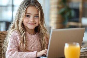 Young girl enjoying learning on her laptop with juice by her side, embodying curiosity and joy.