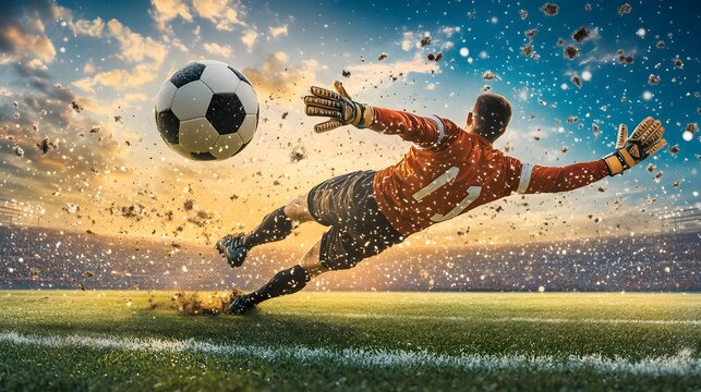 Soccer goalkeeper dives to catch a soaring ball in a dramatic sunset scene.