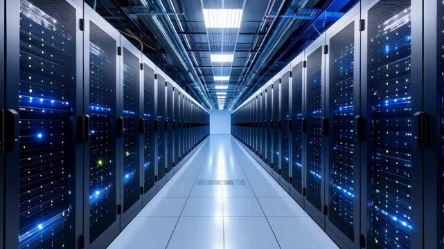 Servers in a data center, showcasing rows of computer racks with blue lights and reflecting floor, representing IT infrastructure and cloud computing.