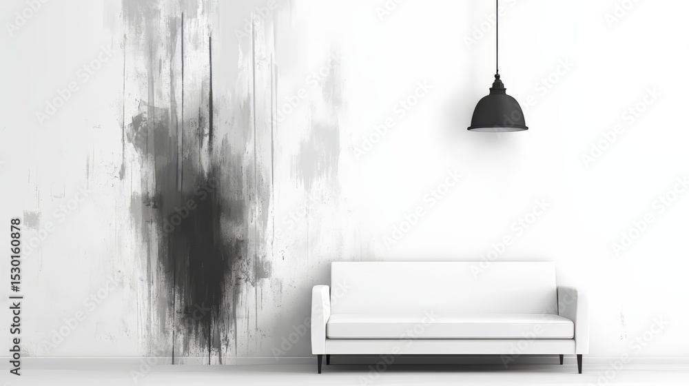 Aufkleber white couch sits in front of a wall with a black and white painting. the couch is the main focus of 