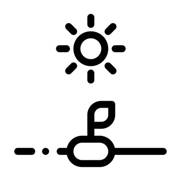 Icono de semilla con sol. Semilla en tierra germinando planta bajo un sol brillante. Crecimiento natural, energ&iacute;a vital y esperanza ecol&oacute;gica. Ilustraci&oacute;n vectorial