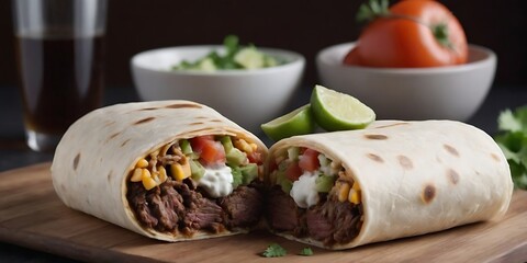 Delicious Beef Burrito Sliced Open Showing Savory Filling Ingredients and Lime