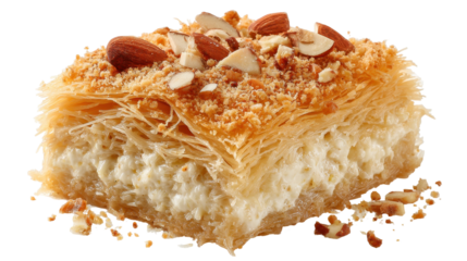 Delicious baklava topped with nuts and golden pastry layers. transparent background