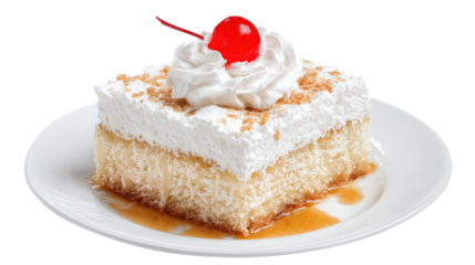 Delicious cake slice topped with cream and cherry on a plate. transparent background
