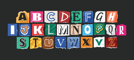 Ransom alphabet font collection. Cut paper newspaper and magazine letter. Retro torn typography y2k style.