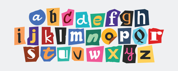 Ransom alphabet font collection. Cut paper newspaper and magazine letter. Retro torn typography y2k style.