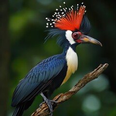 A vibrant woodpecker-like bird perches on a branch.  Its plumage is a striking mix of black, white, and red, with a distinctive crest.  Red plumes adorn the head, while the body is deep blue-black