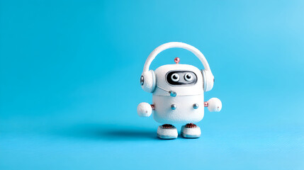 Obraz premium A small, charming white robot with a headset stands on a bright blue background, ready to communicate.