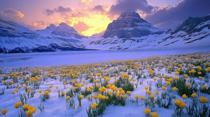 Banff Winter. Sunrise at Bow Lake in Banff National Park, Alberta, Canada