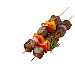 Realistic Grilled Beef Skewers with Fresh Vegetables and Dipping Sauces on Transparent Background – High-Quality Food Image