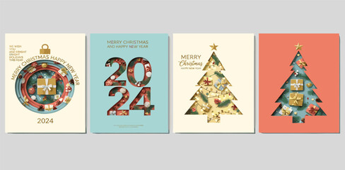 Xmas modern design set in paper cut style with Christmas tree, ball, star golden blue and white gifts, pine branches, lights and number 2024. Christmas cards, posters, holiday covers or banners