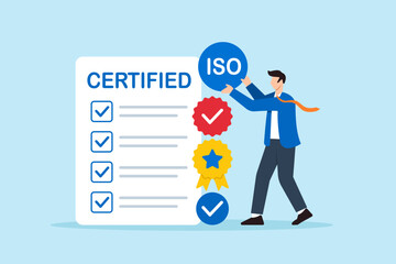 Flat illustration of businessman stacking quality badges to build ISO certified checklist for business approval