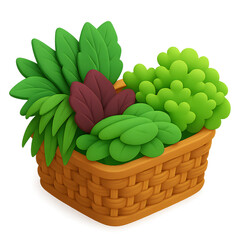 A basket filled with various types of fresh, leafy green vegetables and herbs.