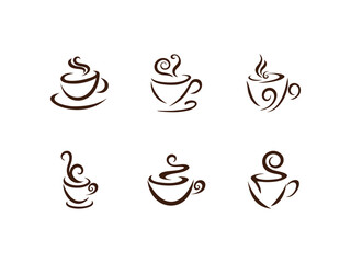 Set of stylized coffee cup icons in brown color, each with unique steam swirl designs, minimalist style, perfect for café logo, coffee shop branding, or menu design