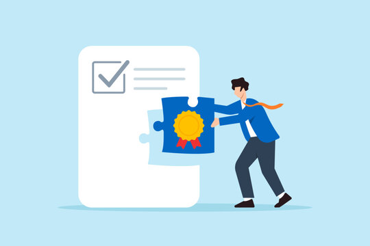 Flat illustration of businessman fitting quality control badge puzzle piece into certification document for approval